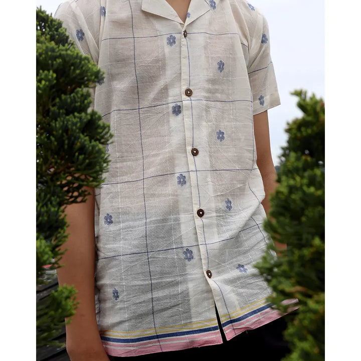 Love The World Today ‘Cotton Cloud’ Half Sleeve Shirt In Handwoven Jamdani Cotton - Off White