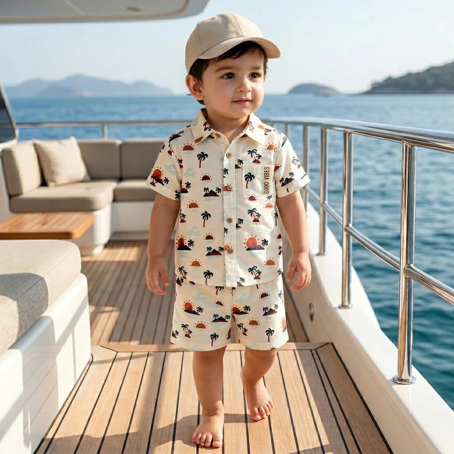 Sweetlime By AS Sunset Print Cotton Linen Co-ord Set - Beige