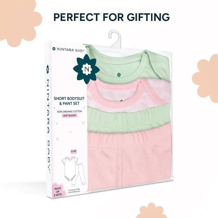 Nintara Baby 100% Unisex Cotton Bodysuit &amp; Pant Set – Soft Bloom (Pack of 2)