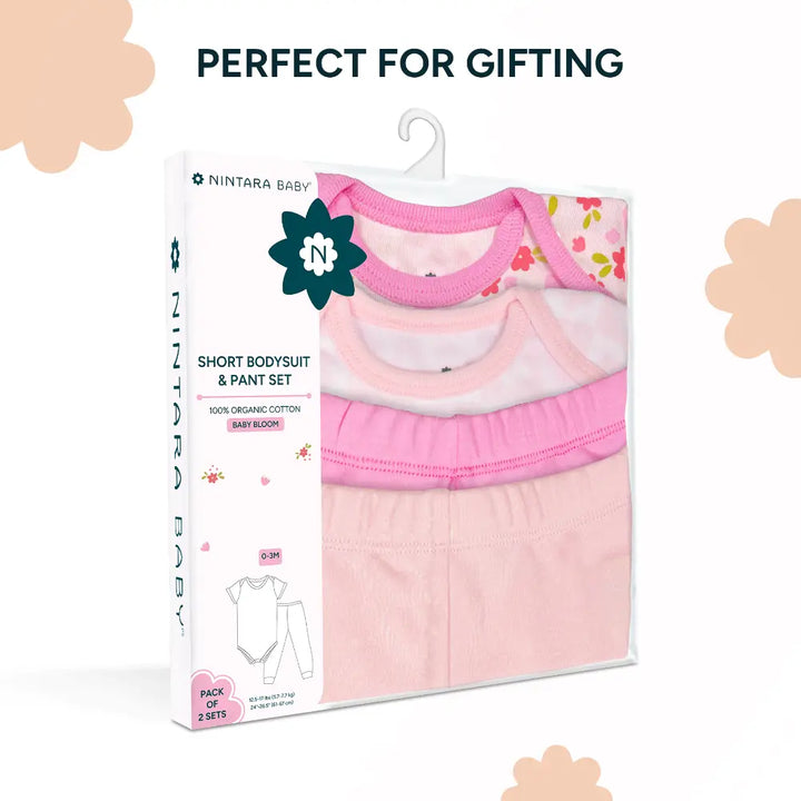 Nintara Baby 100% Cotton Unisex Bodysuit &amp; Pant Set – Baby Bloom (Pack of 2)