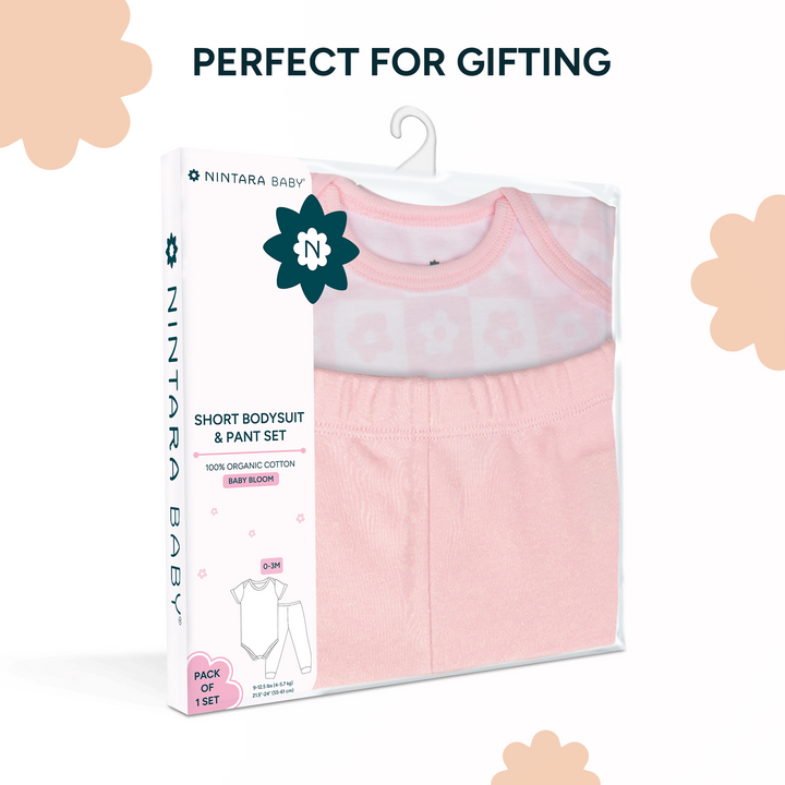 Nintara Baby 100% Cotton Unisex Bodysuit &amp; Pant Set – Baby Bloom (Pack of 1)