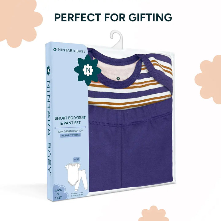 Nintara Baby 100% Unisex Cotton Bodysuit &amp; Pant Set – Midnight Stripes