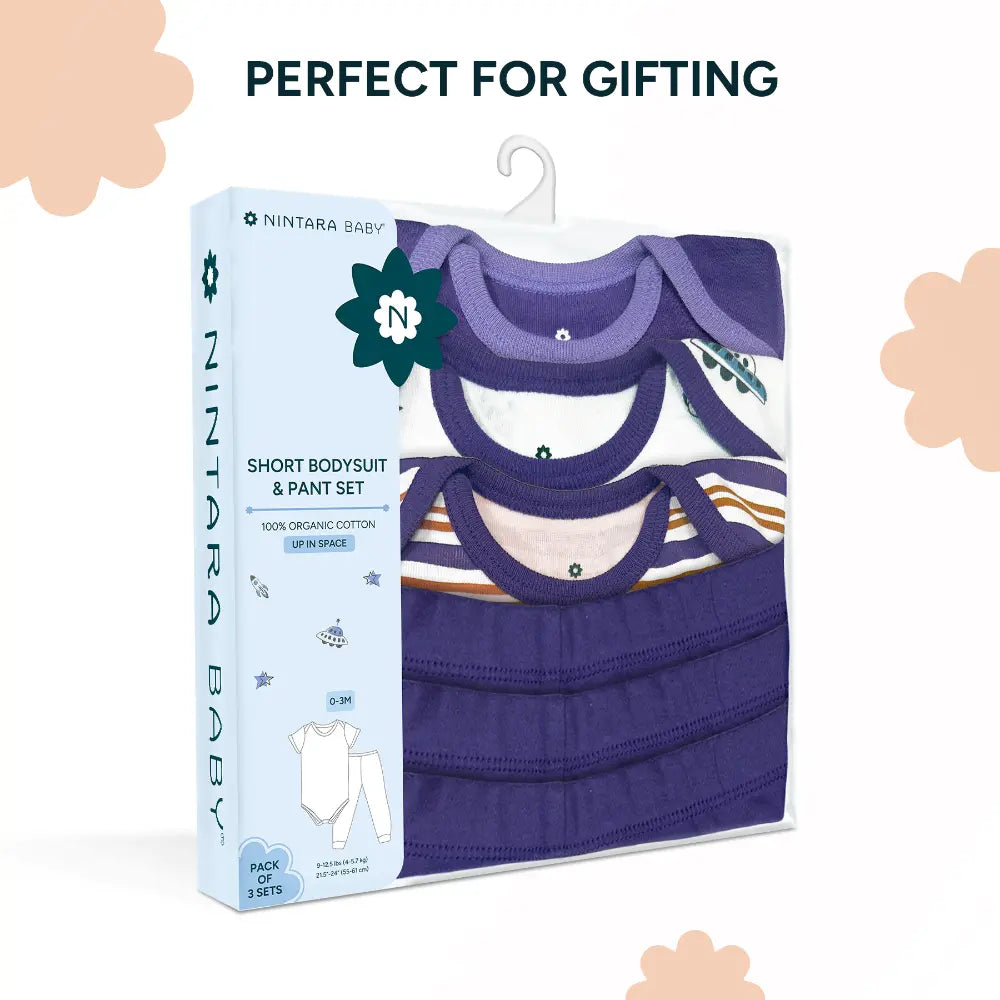 Nintara Baby 100% Cotton Unisex Bodysuit &amp; Pant Set – Up in Space (Pack of 3)