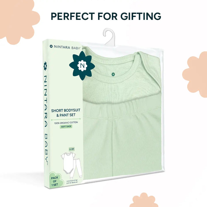 Nintara Baby 100% Cotton Unisex Bodysuit &amp; Pant Set – Soft Sage