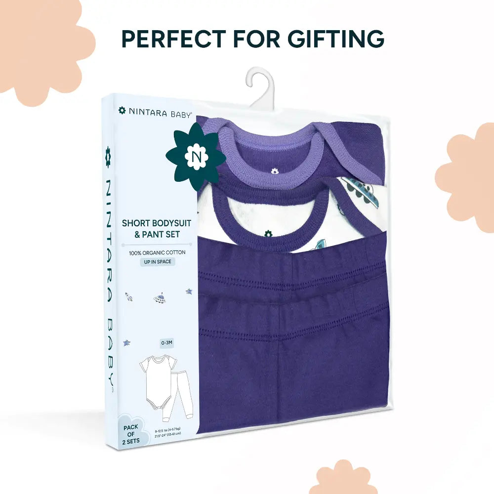 Nintara Baby 100% Cotton Unisex Bodysuit &amp; Pant Set – Up in space (Pack of 2)