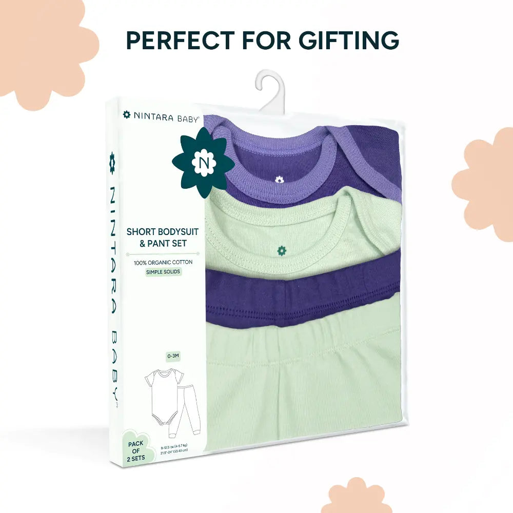 Nintara Baby 100% Cotton Unisex Bodysuit &amp; Pant Set – Simple Solids (Pack of 2)