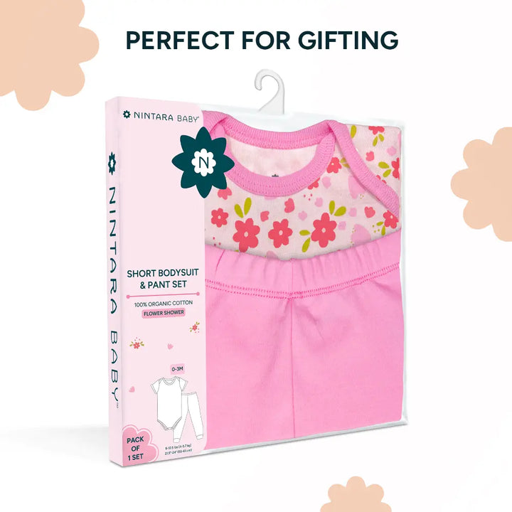 Nintara Baby 100% Unisex Cotton Bodysuit &amp; Pant Set – Flower Shower