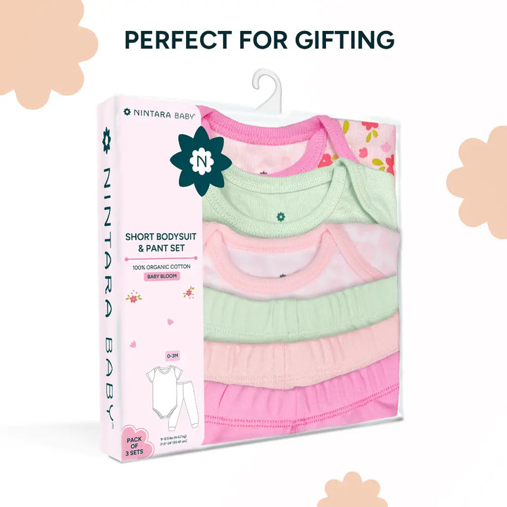 Nintara Baby 100% Cotton Unisex Bodysuit &amp; Pant Set – Baby Bloom (Pack of 3)