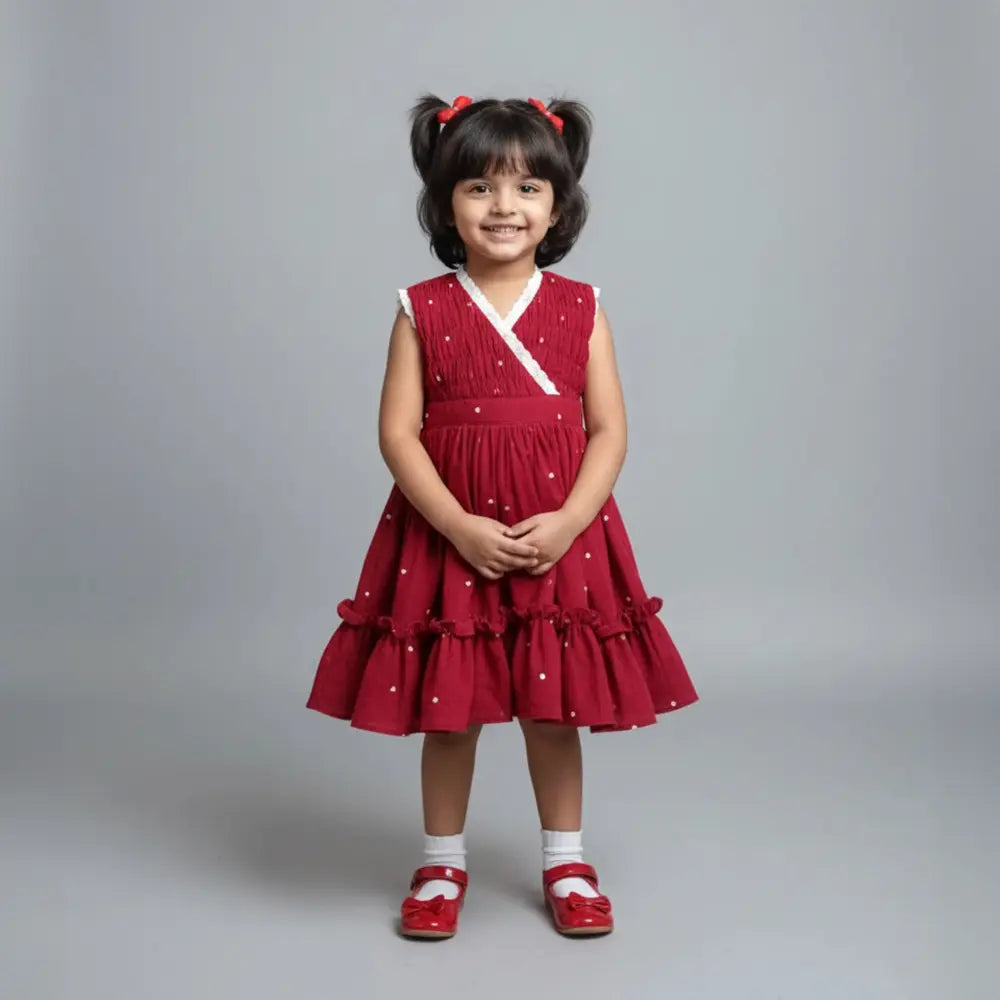 PureCloth.Co Red Cotton Christmas Dress for Girls - Lace Frock