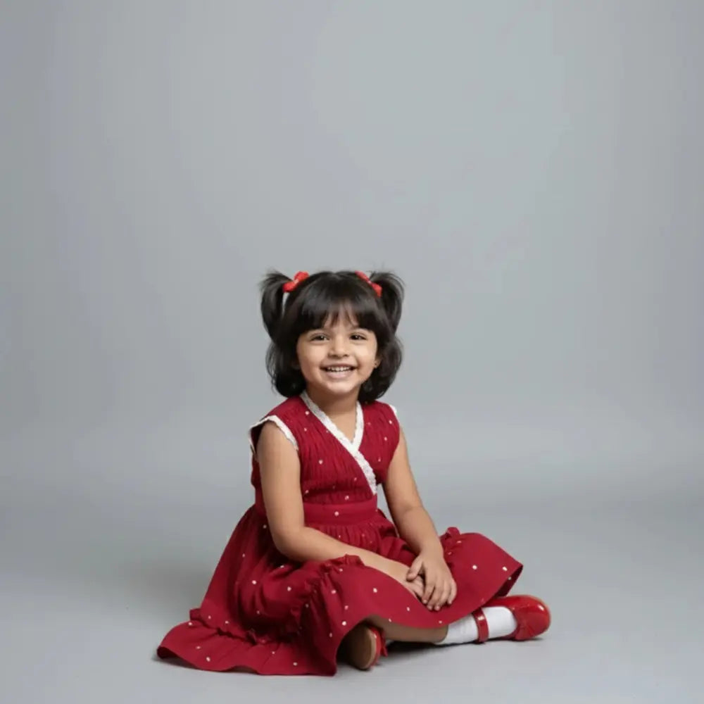 PureCloth.Co Red Cotton Christmas Dress for Girls - Lace Frock