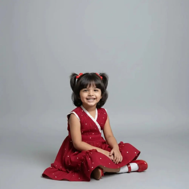 PureCloth.Co Red Cotton Christmas Dress for Girls - Lace Frock