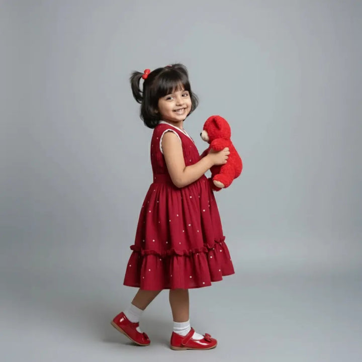 PureCloth.Co Red Cotton Christmas Dress for Girls - Lace Frock