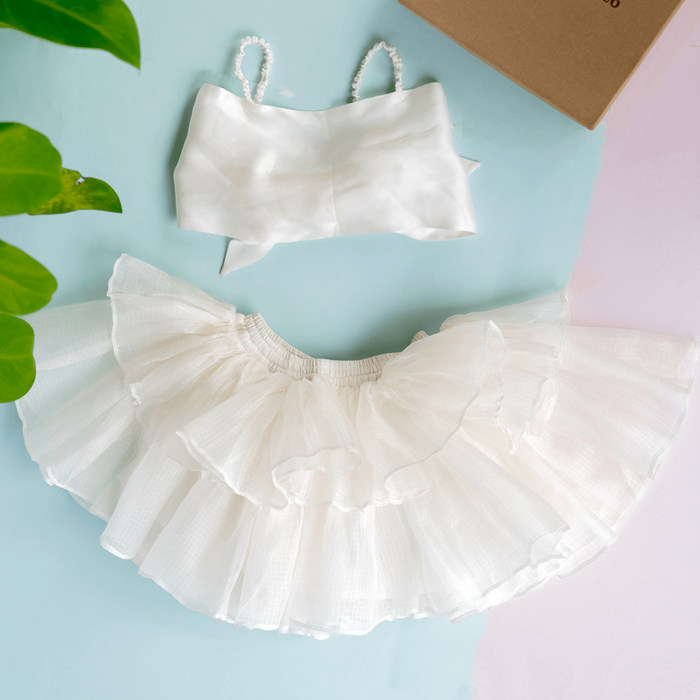 PureCloth.Co Kota Silk Tiered Skirt Model Top Set for Girls - Off-White