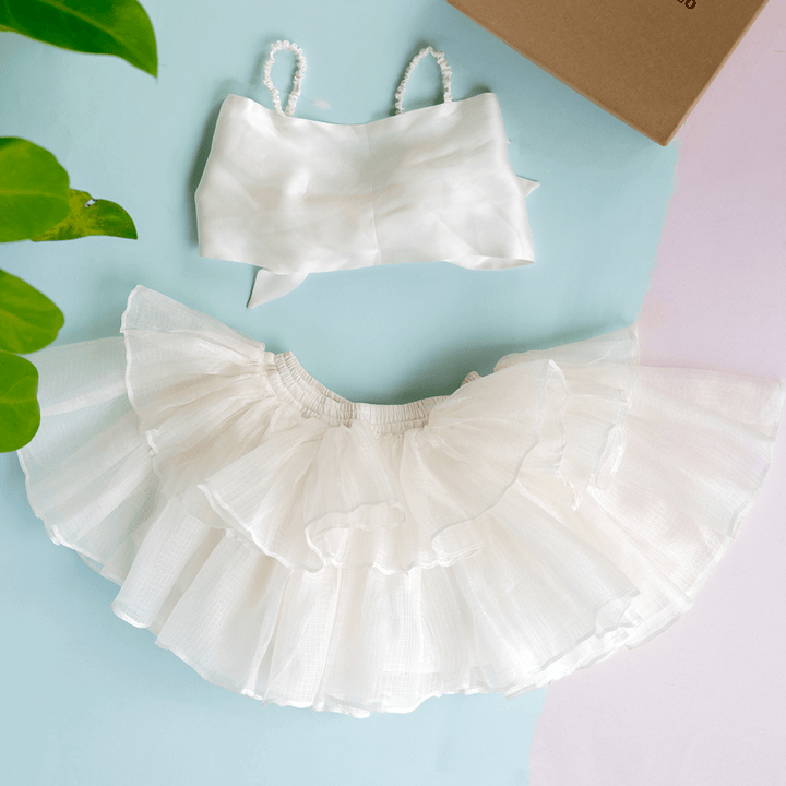 PureCloth.Co Kota Silk Tiered Skirt Model Top Set for Girls - Off-White