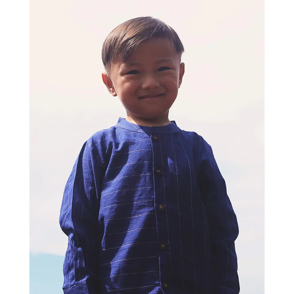 Love The World Today ‘Barefoot Boy’ Chinese Collar Blue Stripes Shirt In Handwoven Cotton - Blue