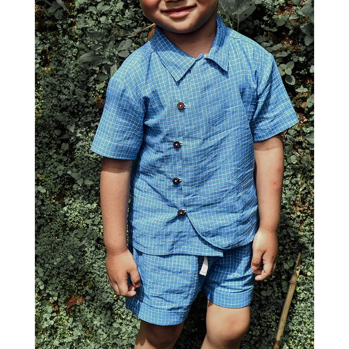 Love The World Today ‘Blue Meadow’ Curved Placket Checks Shirt In Handwoven Cotton - Blue