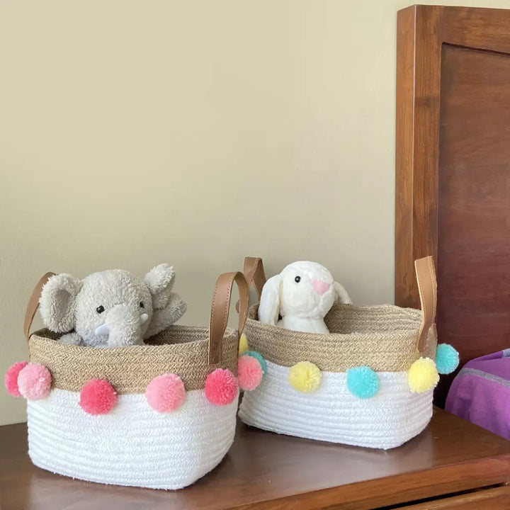Jute &amp; Cotton Rope Basket Small with Yellow and Teal Pom Poms