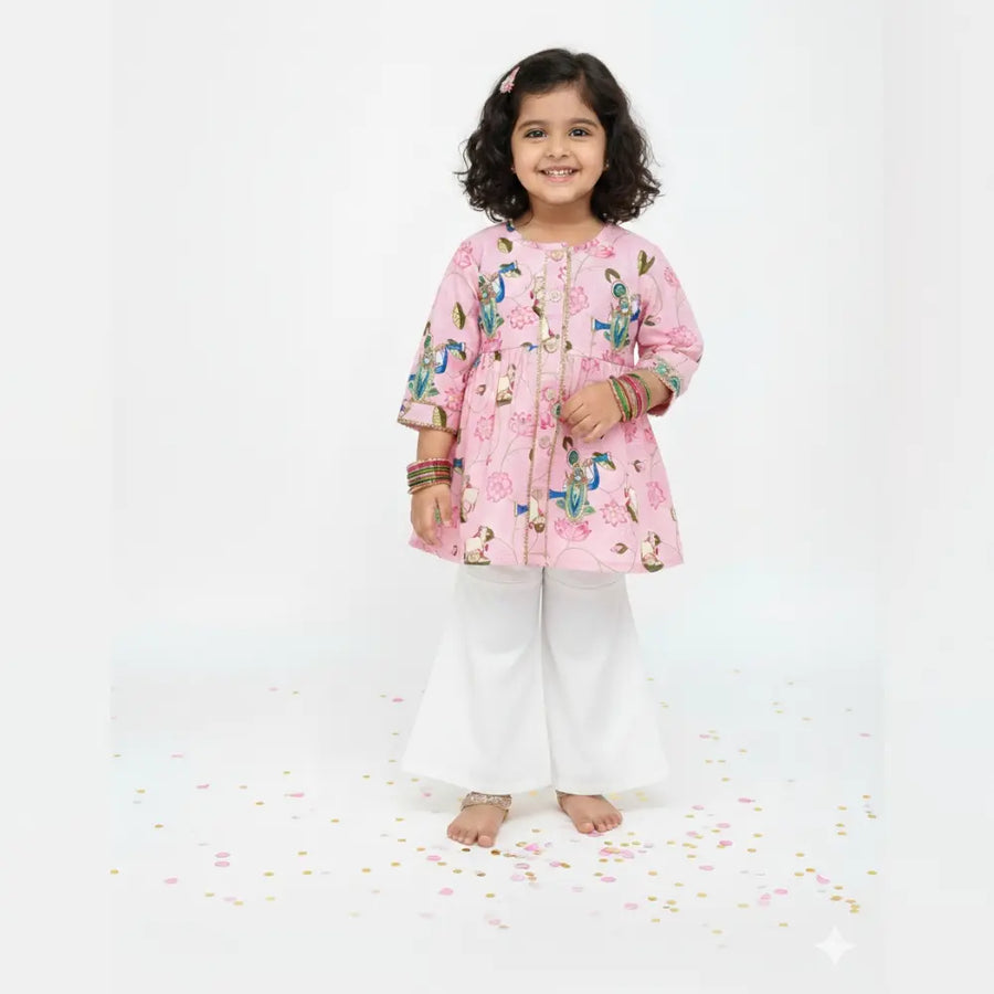 Bhaakur Chanderi Pichwai Print Kurta Set for Girls
