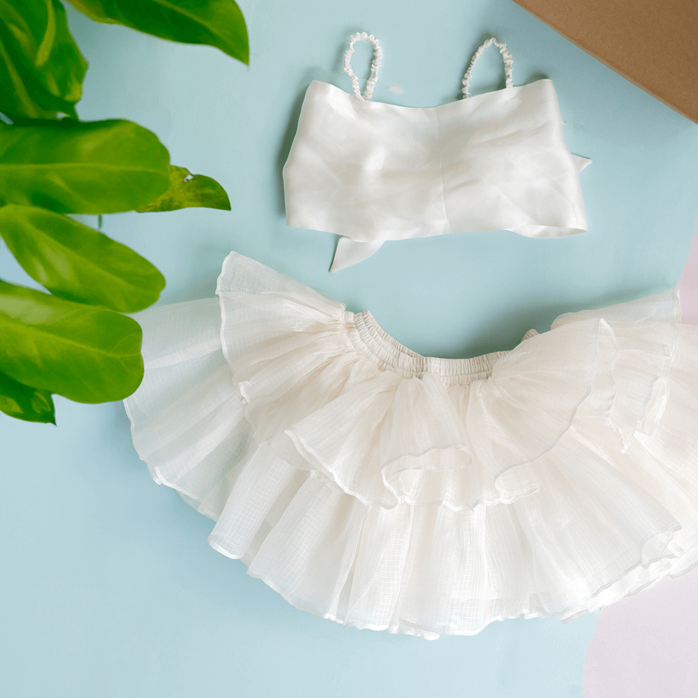 PureCloth.Co Kota Silk Tiered Skirt Model Top Set for Girls - Off-White