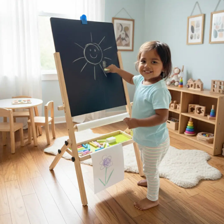 Shumee Wooden Standing Art Easel for Kids (3-in-1) | 2+ Years | Inbuilt Paper Roll | Whiteboard, Blackboard &amp; Drawing Board for Kids | Gifting Montessori Toys | Developes Creativity &amp; Motor Skills