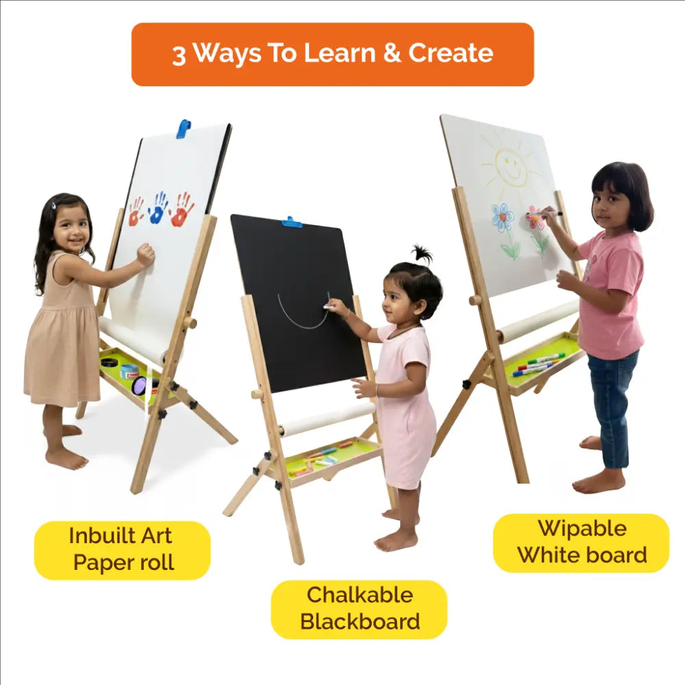 Shumee Wooden Standing Art Easel for Kids (3-in-1) | 2+ Years | Inbuilt Paper Roll | Whiteboard, Blackboard &amp; Drawing Board for Kids | Gifting Montessori Toys | Developes Creativity &amp; Motor Skills