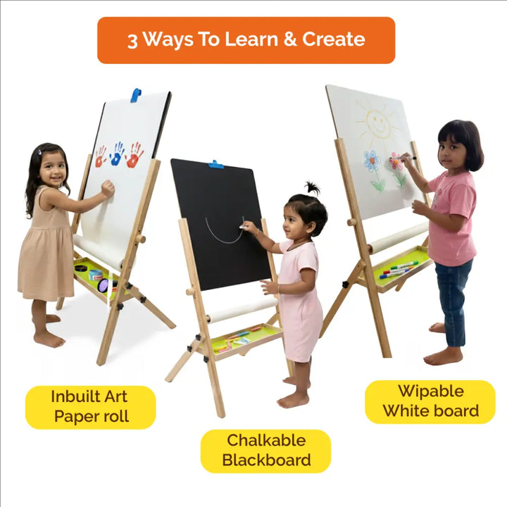 Shumee Wooden Standing Art Easel for Kids (3-in-1) | 2+ Years | Inbuilt Paper Roll | Whiteboard, Blackboard &amp; Drawing Board for Kids | Gifting Montessori Toys | Developes Creativity &amp; Motor Skills