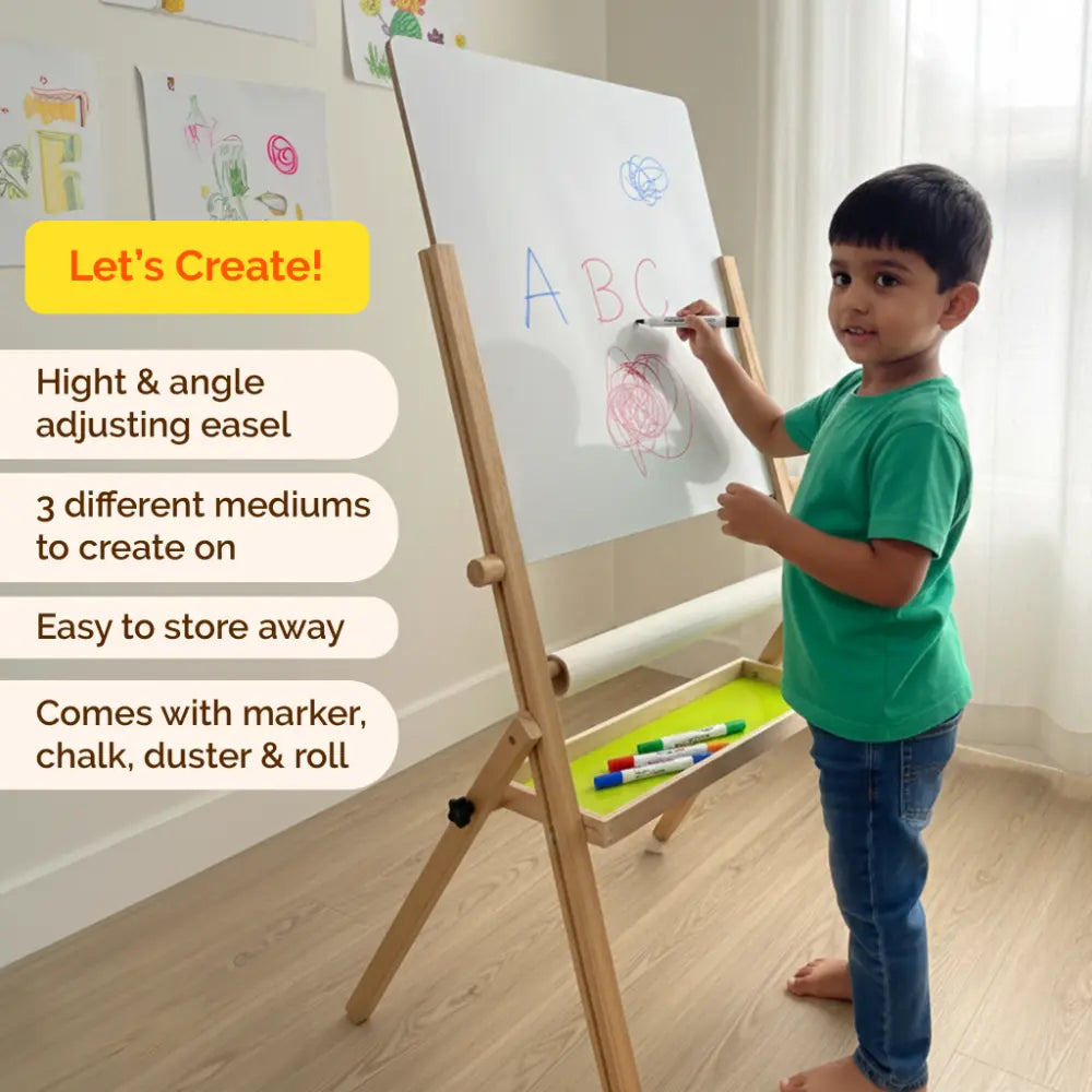 Shumee Wooden Standing Art Easel for Kids (3-in-1) | 2+ Years | Inbuilt Paper Roll | Whiteboard, Blackboard &amp; Drawing Board for Kids | Gifting Montessori Toys | Developes Creativity &amp; Motor Skills