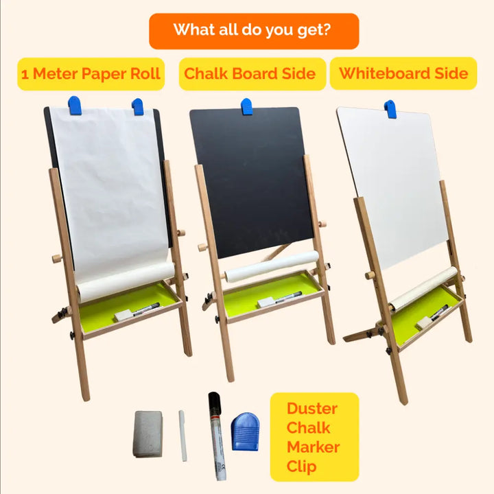 Shumee Wooden Standing Art Easel for Kids (3-in-1) | 2+ Years | Inbuilt Paper Roll | Whiteboard, Blackboard &amp; Drawing Board for Kids | Gifting Montessori Toys | Developes Creativity &amp; Motor Skills
