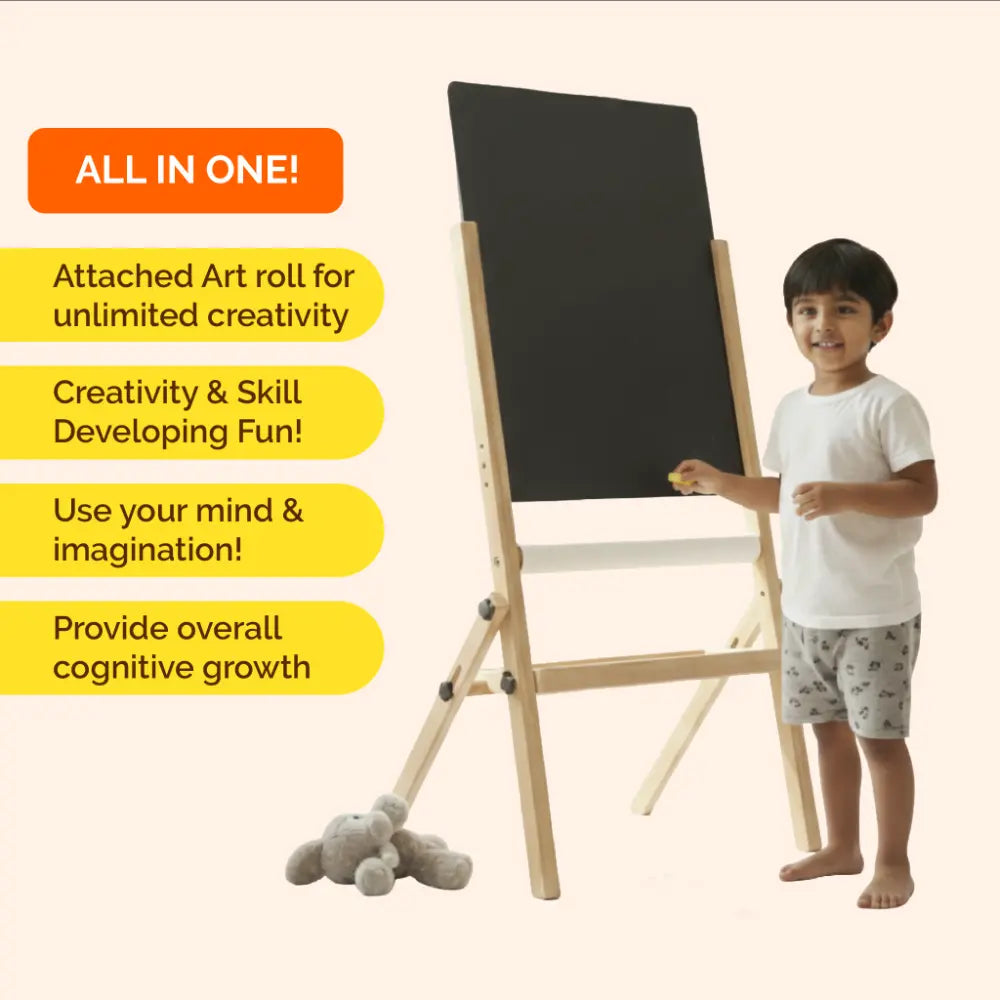 Shumee Wooden Standing Art Easel for Kids (3-in-1) | 2+ Years | Inbuilt Paper Roll | Whiteboard, Blackboard &amp; Drawing Board for Kids | Gifting Montessori Toys | Developes Creativity &amp; Motor Skills