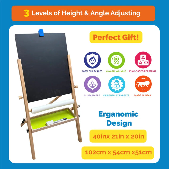 Shumee Wooden Standing Art Easel for Kids (3-in-1) | 2+ Years | Inbuilt Paper Roll | Whiteboard, Blackboard &amp; Drawing Board for Kids | Gifting Montessori Toys | Developes Creativity &amp; Motor Skills
