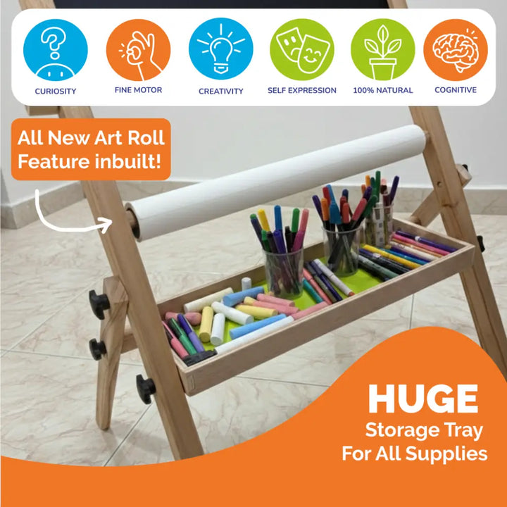 Shumee Wooden Standing Art Easel for Kids (3-in-1) | 2+ Years | Inbuilt Paper Roll | Whiteboard, Blackboard &amp; Drawing Board for Kids | Gifting Montessori Toys | Developes Creativity &amp; Motor Skills