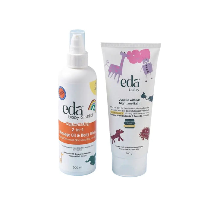 Eda Baby &amp; Child Soothing Skin Bundle - 2 in 1 Cleansing Bath Oil &amp; Nighttime Balm | Hypoallergenic | Dermat-Tested | Centella Asiatica | Calming Bedtime Skincare Set for Newborns &amp; Toddlers
