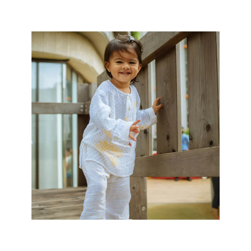 Dulaar Organic Muslin Kurta Pyjama Set Hand-Block Printed - Banana Leaf Bliss