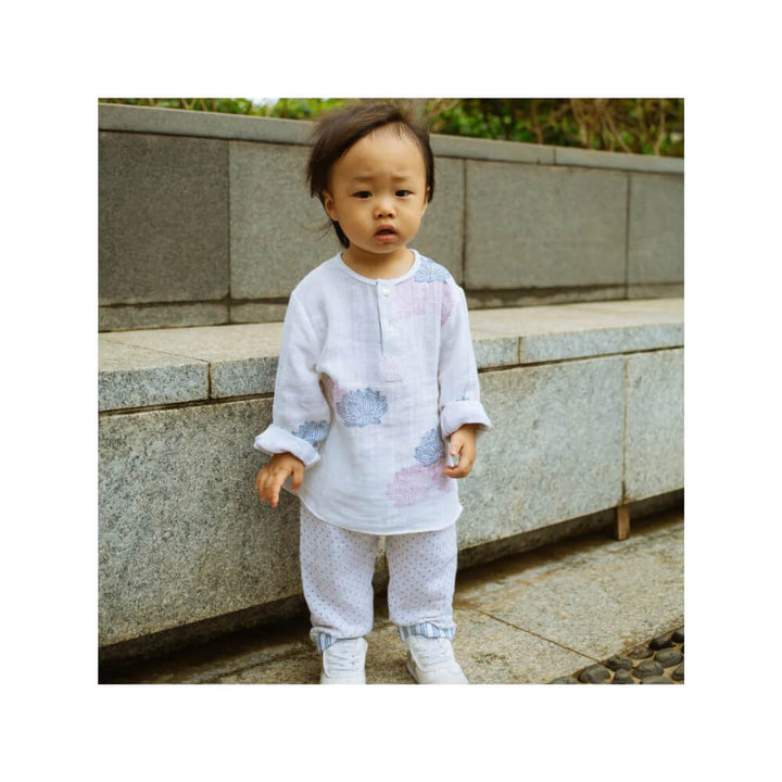 Dulaar Organic Muslin Kurta Pyjama Set Hand-Block Printed - Lotus Blooms