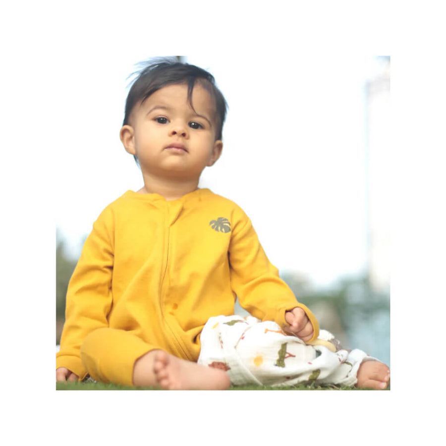 Dulaar Organic Ribbed Cotton Onesie - Sunny Mustard