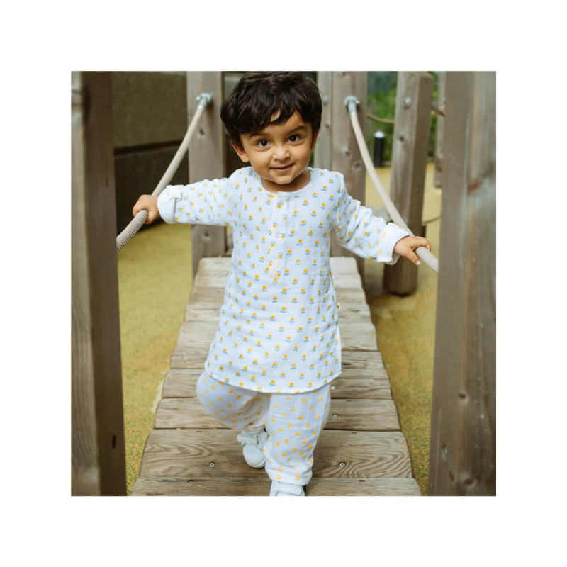 Organic Muslin Kurta Pyjama Set Hand Block Printed Flowers From