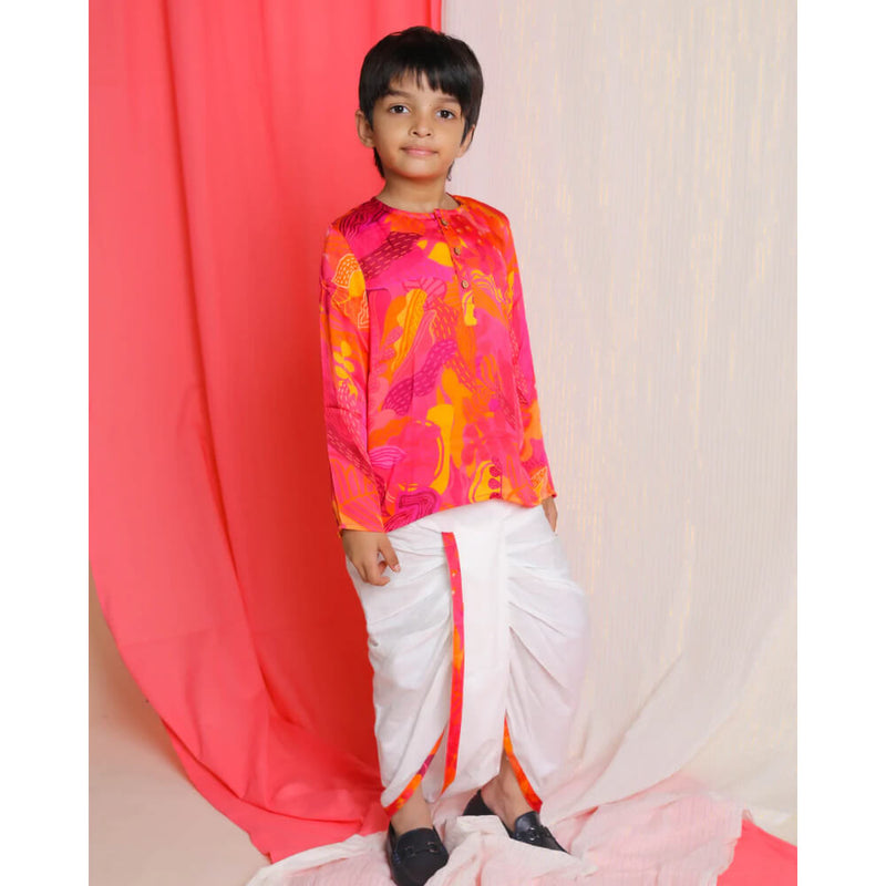 Palash Dhoti-Kurta Set, Pink & Yellow