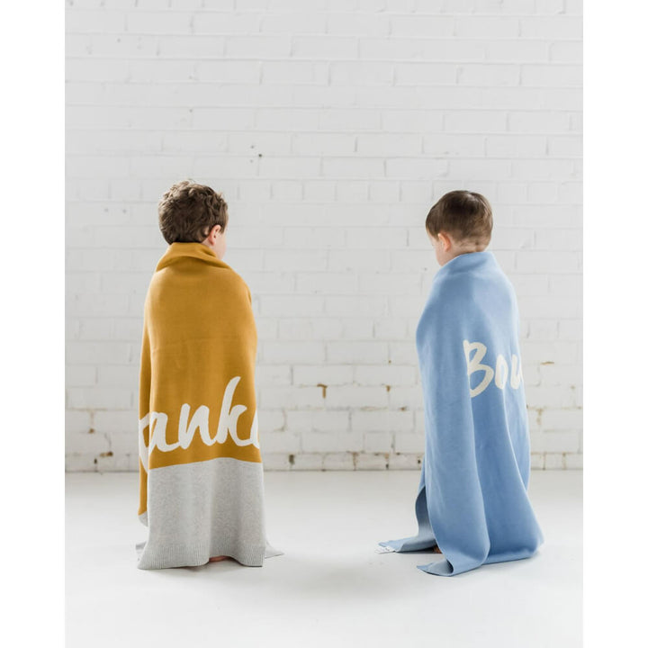 Organic Cotton Knitted Blanket: Dream Blue &amp; Ivory