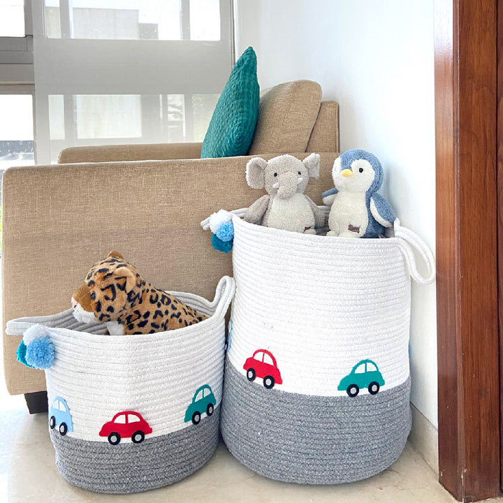 Little Cars Rope Personalised Storage Basket - Grey