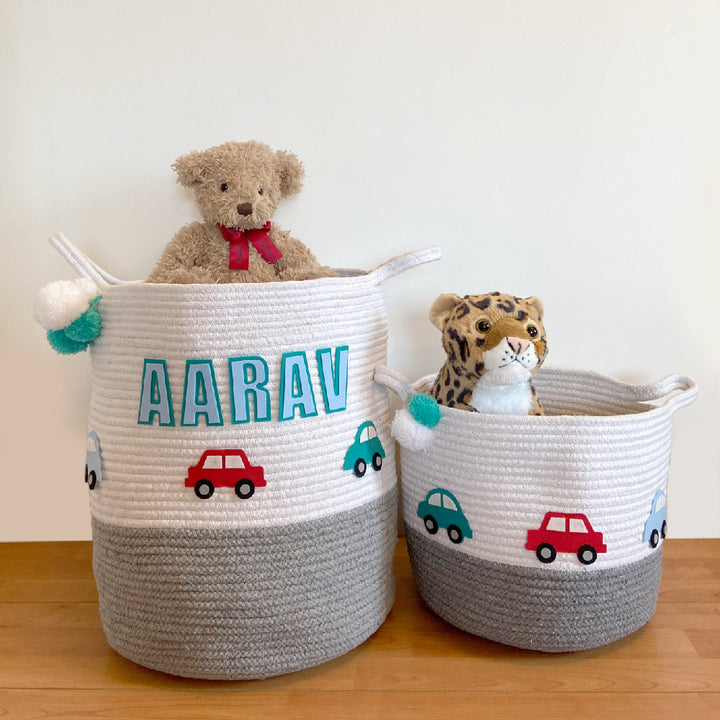 Little Cars Rope Personalised Storage Basket - Grey