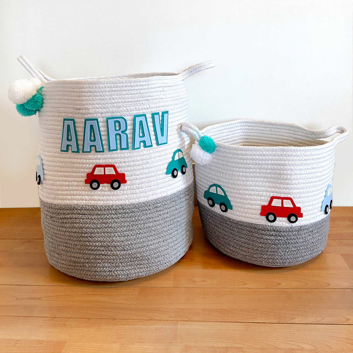 Little Cars Rope Personalised Storage Basket - Grey