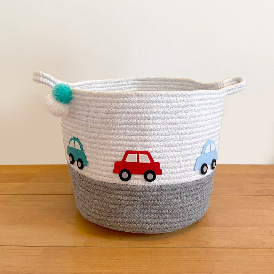 Little Cars Rope Personalised Storage Basket - Grey