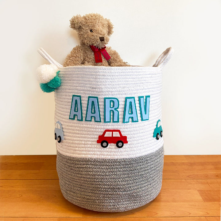 Little Cars Rope Personalised Storage Basket - Grey
