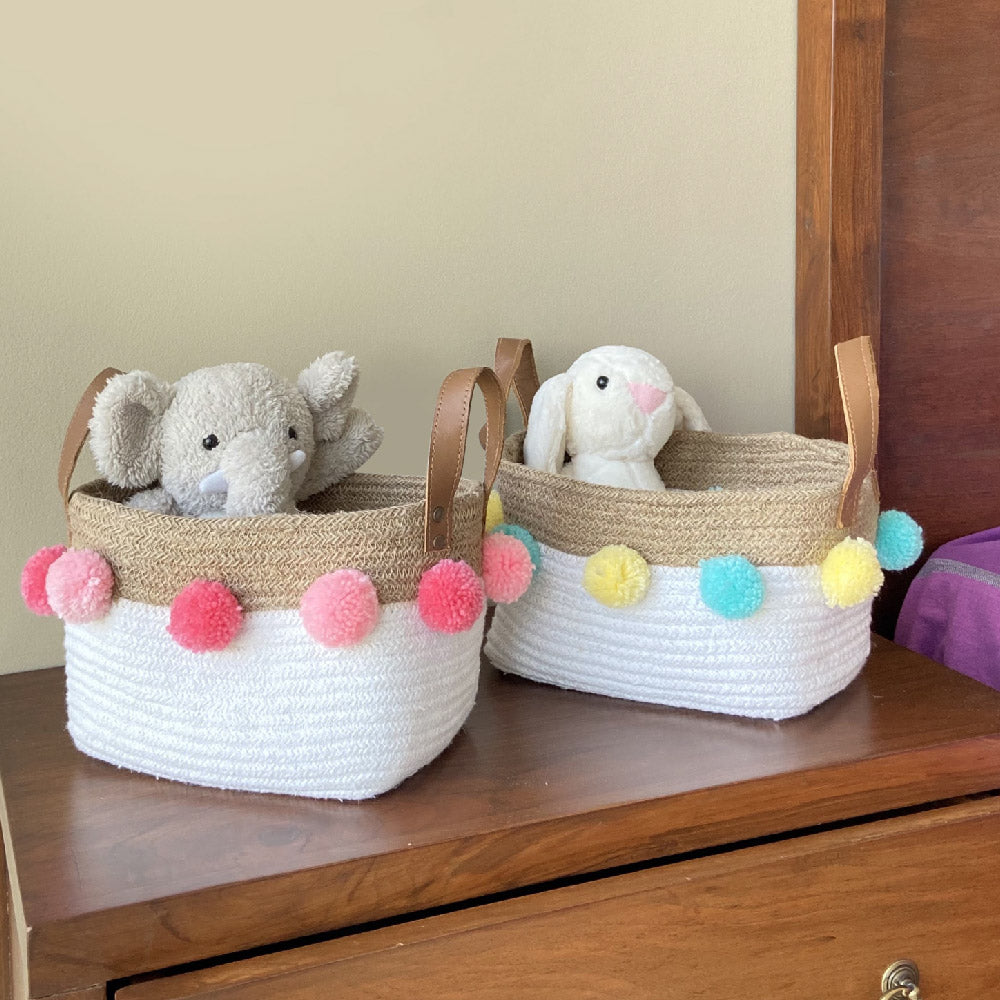 Jute & Cotton Rope Basket Small With Pink Pom Poms