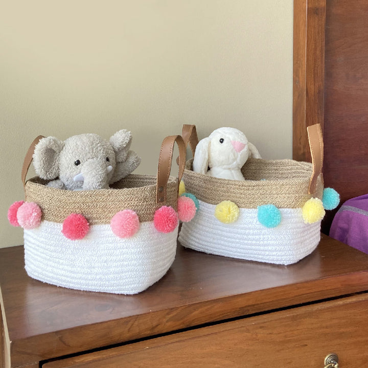 Jute &amp; Cotton Rope Basket Small With Pink Pom Poms