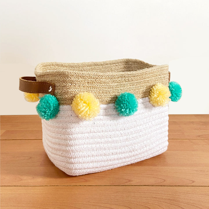 Jute &amp; Cotton Rope Basket Small With Yellow and Teal Pom Poms