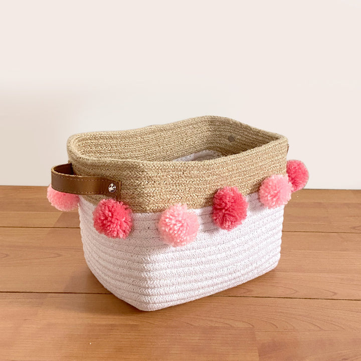 Jute &amp; Cotton Rope Basket Small With Pink Pom Poms