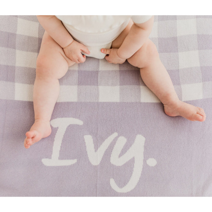 Gingham Check Personalised Name Blanket - Dusty Purple &amp; Ivory