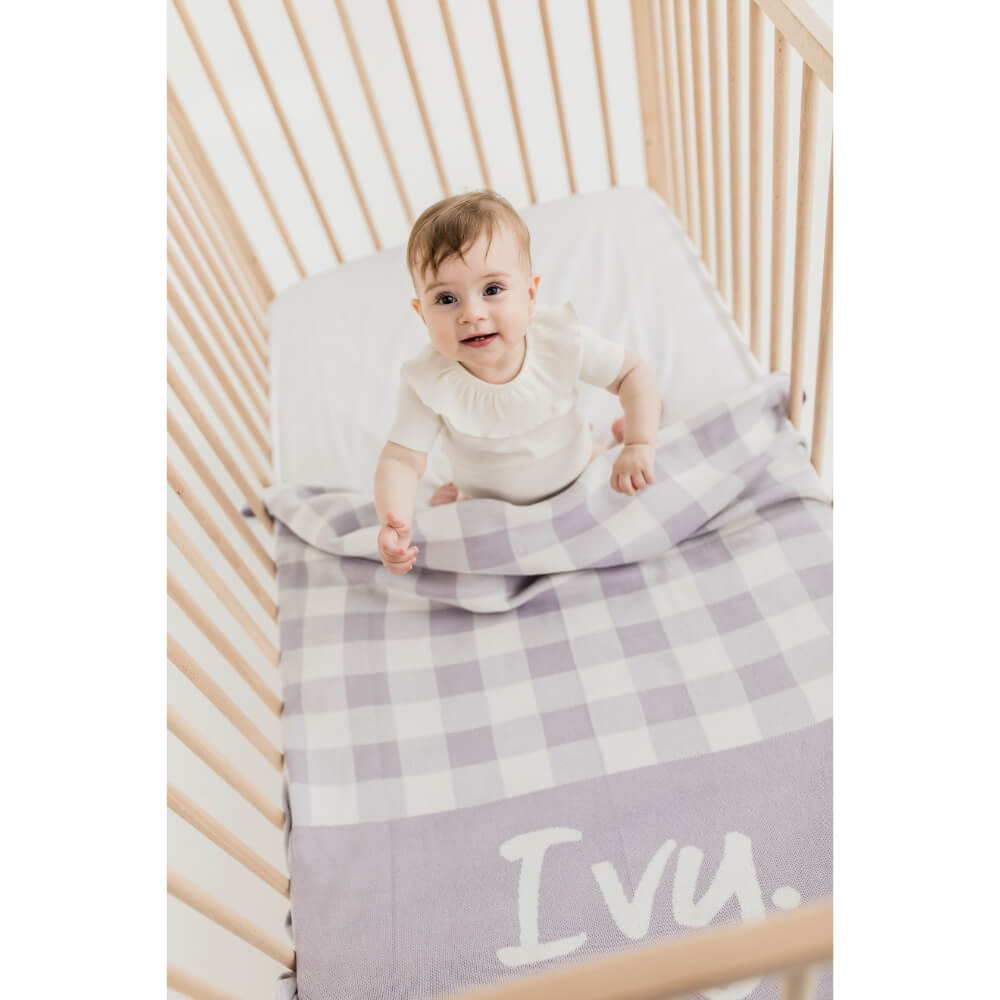 Gingham Check Personalised Name Blanket - Dusty Purple &amp; Ivory