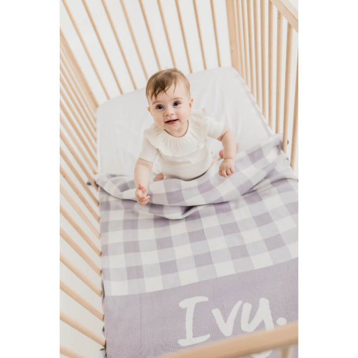 Gingham Check Personalised Name Blanket - Dusty Purple &amp; Ivory